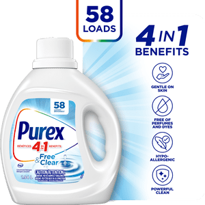 Purex Détergent liquide hypoallergénique concentré, libre et transparent pour la peau sensible, sans parfums et colorants, 1.94L, 58 Charges de lavage, HE Compatible, 1 bouteille