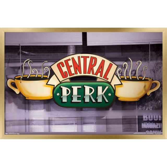 Friends - Affiche Murale Central Perk, 22,375 Po x 34 Po, Mettant en Vedette le logo Central Perk avec Deux Tasses de Café Jaune Vapeur des Deux Côtés d'Une Bannière Verte et Crème avec Lettrage Rouge et Blanc, Imprimée sur Papier d'Affiche Lustré avec Cadre Doré, Convient à la Déco Maison et aux Oeuvres Murales.
