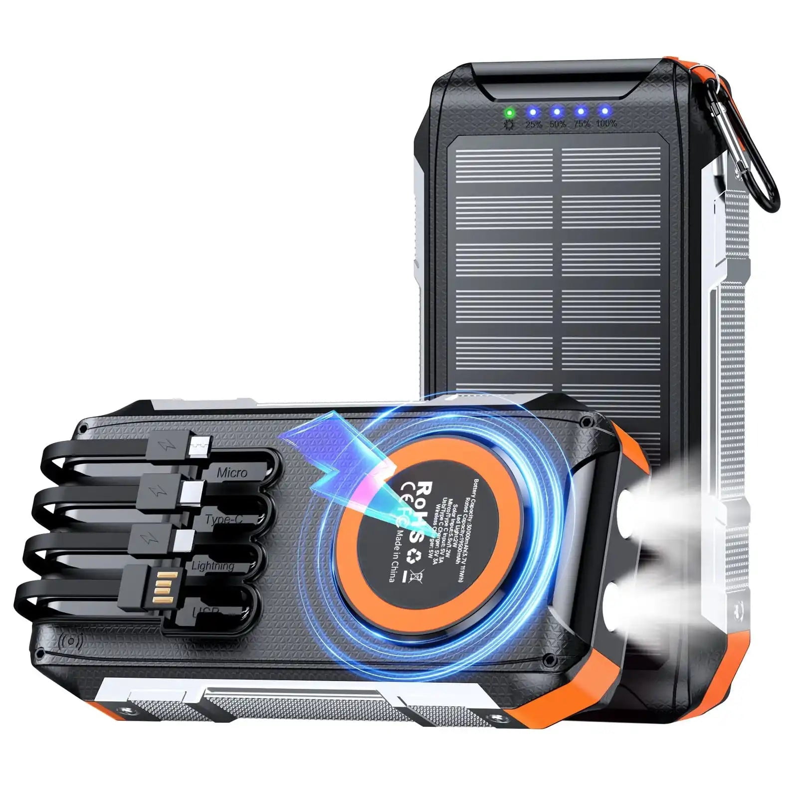 TUTT Solar Power Bank 30,000mAh Rugged Magnetic Wireless Power Bank | MagSafe Built-in Cable, Flashlight | USB-C/Lightning/Micro-USB S5