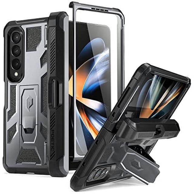 Poetic Spartan Case for Samsung Galaxy Z Fold 4 in metallic gun metal, featuring a rugged full-body design with military-grade drop-tested protection up to 20 feet. Includes a built-in kickstand for hands-free viewing, S Pen holder, and scratch-resistant screen protector. Compatible with Samsung Galaxy Z Fold 4 5G (2022).