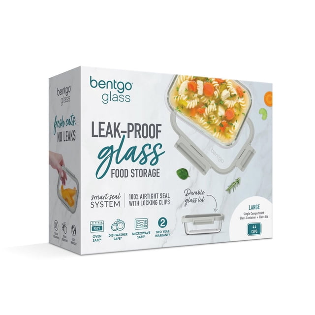 Bentgo Glass Leak-Proof Glass Food Storage 4.4-cup container packaging showing a clear borosilicate glass container with a durable glass lid featuring four locking clips for an airtight seal, highlighting oven-safe, dishwasher-safe, microwave-safe features, and a two-year warranty, with soup inside the container on the box.