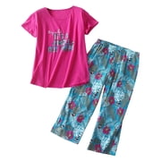 2025 Women Cotton Pajamas Set T-Shirt Dress Sleep Short Sleeve Top Capri Silky Pajama Set Pants Sleepwear