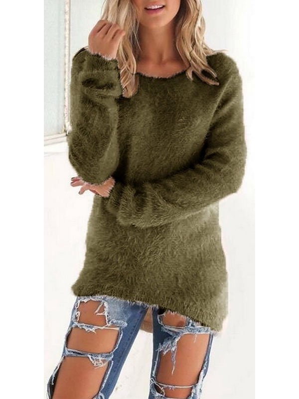 Women Winter Fleece Fluffy Sweater Jumper Plain Pullover Tops Blouse