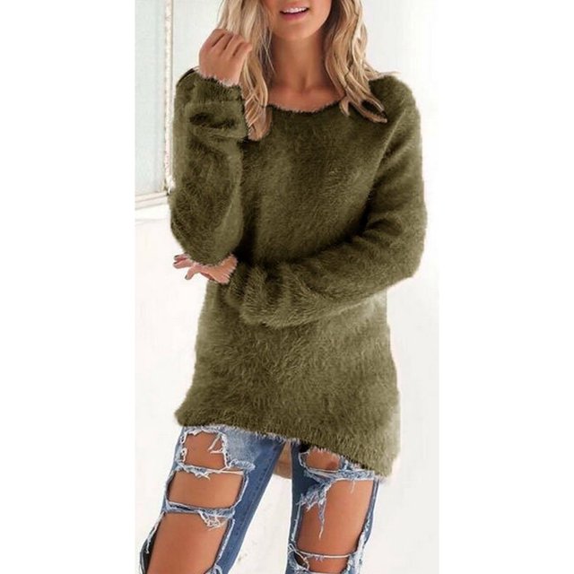 Women Winter Fleece Fluffy Sweater Jumper Plain Pullover Tops Blouse