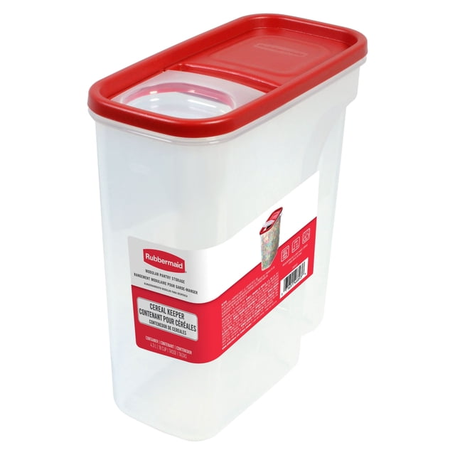 Rubbermaid Conservateur de Céréales Modulaire pour Garde-Manger, Contenant de Rangement Alimentaire, 4,3 L (18 Tasses), 1 Unité, Contenant Rectangulaire Transparent avec Couvercle Rabattable Rouge Qui Ferme Bien pour Garder les Céréales et Collations Fraîches, Empilable pour l'Organisation du Garde-Manger, base Transparente pour une identification Rapide du Contenu, Va au Lave-Vaisselle et Sans BPA.