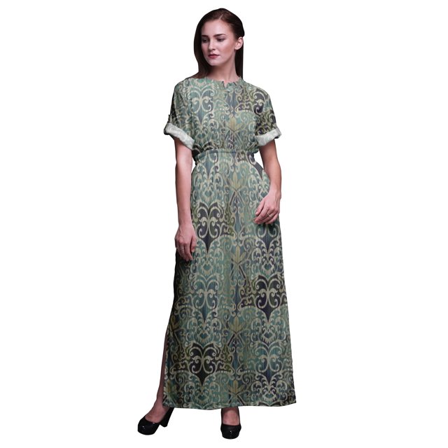 Bimba Robe Longue d'Été en Rayonne à Imprimé Géométrique Damassé, Manches Kimono, Fente, X-Grand