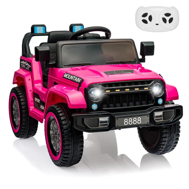 EDTara 12V Kids Ride On Truck Car in bright pink, featuring a rugged design with large black tires, LED headlights, and a detailed grille. Includes a white remote control for parental operation and a multifunctional console with music and horn. This battery-powered ride-on toy is suitable for children aged 1-8, offering two driving modes and speeds up to 3.1 mph. Built with spring suspensions, safety belt, and emergency brake for secure play.