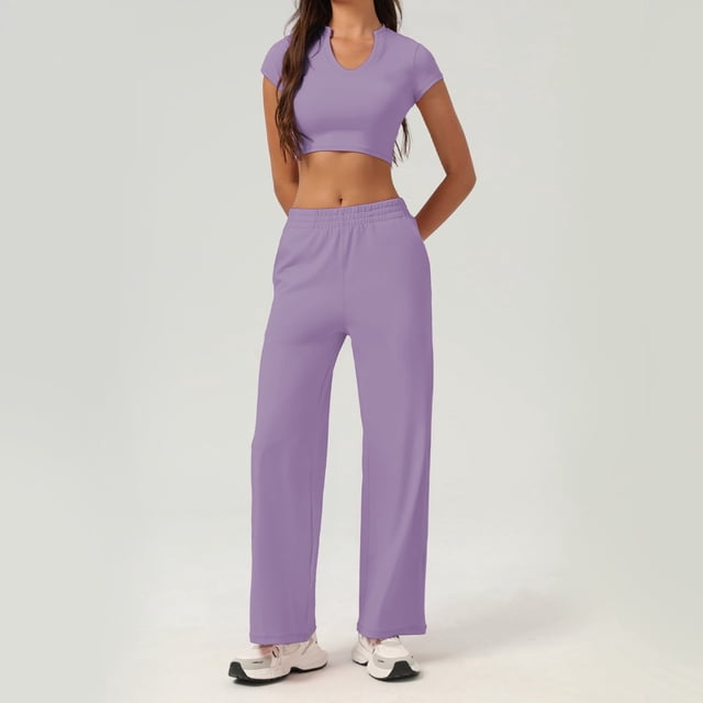 PISONIC Ensemble Court à Col en V pour Femme et Short - Vêtement de Mise en Forme Actif avec 4 Options de Couleur
