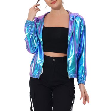 INSPIRE CHIC Veste Métallisée à Capuche Brillante Holographique Décontractée à Manches Longues avec Fermeture Éclair pour Femme P Bleu
