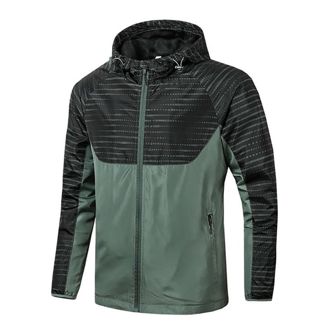CEHVOM Men's Spring And Autumn Windproof Hooded Thin Jacket designed with a green lower section and black patterned upper section. This men's windbreaker features a full-length zipper, adjustable drawstring hood, and zippered side pockets. Made from lightweight polyester fiber, it is waterproof and windproof, ideal for casual wear or outdoor activities during spring and autumn.