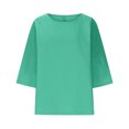 thumbnail image 4 of QATAINLAV Ventes de Rentrée Scolaire, T-Shirts Surdimensionnés pour Femmes Manches 3/4 Col Ras du Cou Hauts Décontractés Amples T-Shirts Basiques Blouse Coton Lin Tenues Tendance Été 2025 Vert Menthe G, 4 of 5