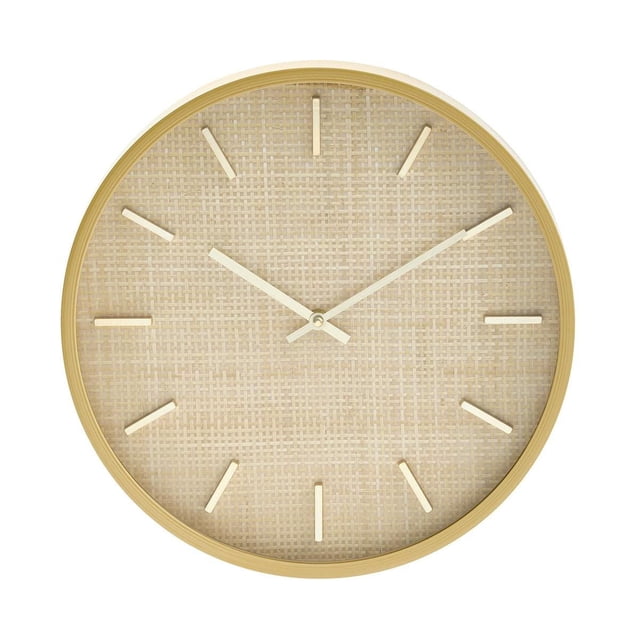 Anko Rattan Clock with a round frame and natural beige rattan texture face, featuring minimalist gold-tone hour markers and hands, ideal as a rustic wall clock for indoor home décor.