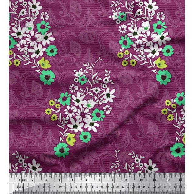 Soimoi polyester Crepe Fabric Check,Leaves & Cosmos Floral Decor Fabric Printed Yard 42 Inch Wide