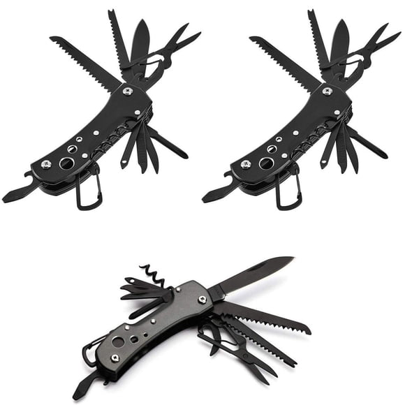 QJUHUNG Pack of 3 Folding Pocket Knife Multi-Tool for Outdoor Camping Fishing Hunting Survival (Black)