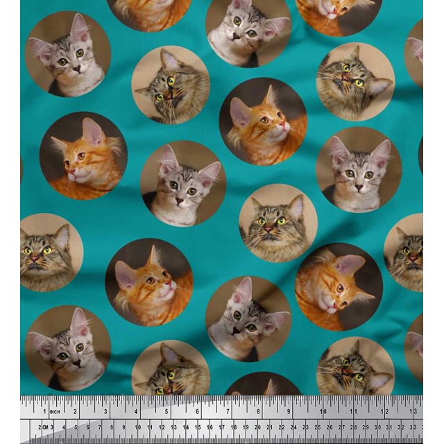 Soimoi Silk Fabric Cat Face Animal Decor Fabric Printed Yard 42 Inch Wide