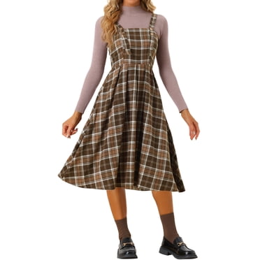 INSPIRE CHIC Robe Midi Chasuble Vintage à Carreaux Sans Manches Évasée pour Femme P Brun