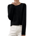 thumbnail image 2 of yoeyez Chandails Légers pour Femmes à Manches Longues Col Ras du Cou Chandail Uni Chandail Léger Doux Tricoté Hauts Bas d'Automne Noir 3TG, 2 of 6