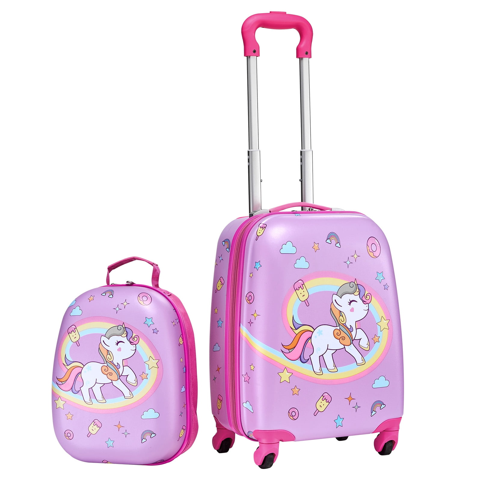 KFFKFF Kids Luggage Set, 2 Piece, 18in Hardside Rolling Wheels Suitcase with Hard-Shell Backpack, Unicorn Kids Carry on Luggage Set, Airline Approved