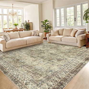 Garvee Tapis Vintage Persan 4'x6' pour Salon, Tapis Antidérapant Lavable à la Machine à Poils Courts, Tapis d'Intérieur Usé à Motif Floral pour Salle à Manger, Chambre, Bureau, Brun