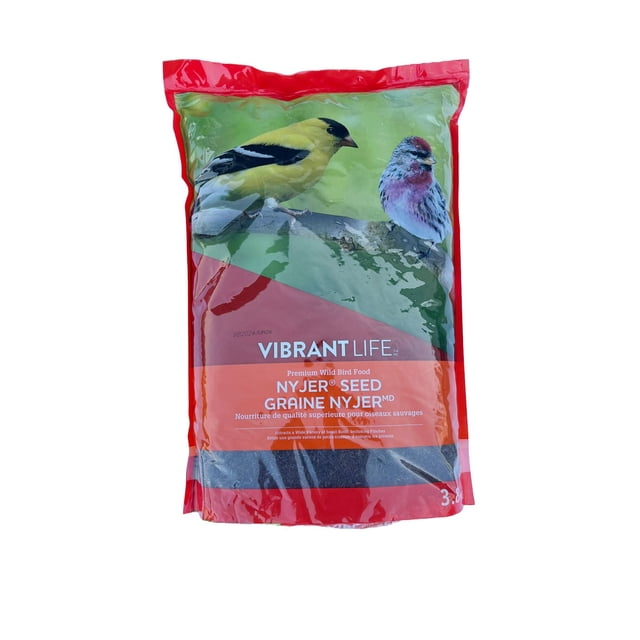 Vibrant Life Nyjer® Seed, 3.8kg bag of premium wild bird food in red and green packaging featuring images of a yellow and black finch and a small red and white bird on a branch, formulated to attract a wide variety of small birds including finches, ideal for feeding wild birds in Canadian backyards.