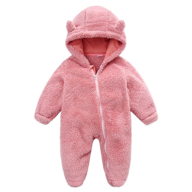IROINID Discount Baby Bodysuit Long Sleeve Newborn Baby Fleece Footie Snowsuit Winter Bunting Onesies Cartoon Warm Hooded Romper Jumpsuit Outfits For Girls Boys, Pink. A front-facing view of a pink fleece baby snowsuit with a zippered closure, long sleeves, and a hood featuring bear ears. Made of high-quality cotton for warmth and comfort, ideal for casual and formal occasions such as baby showers, photoshoots, and holidays.