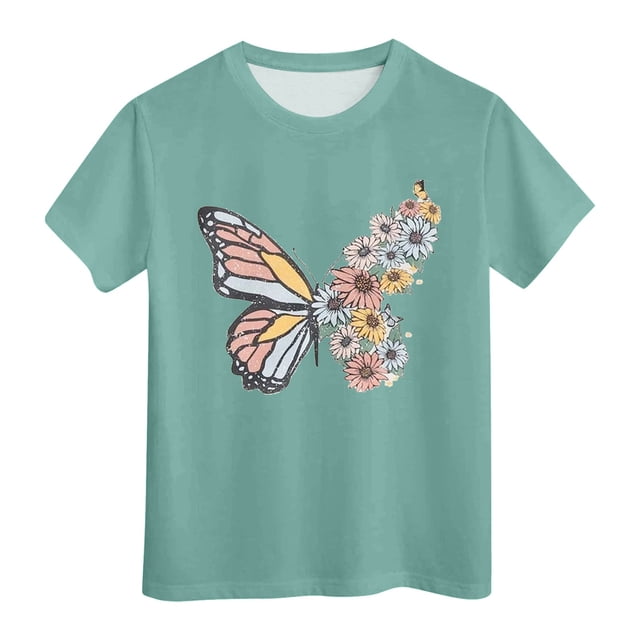 PMVFHDE T-Shirt d'Été pour Filles à Imprimé Graphique Mignon, Col Rond, Manches Courtes - Hauts Décontractés Respirants pour Enfants Vert, 8-9 Ans