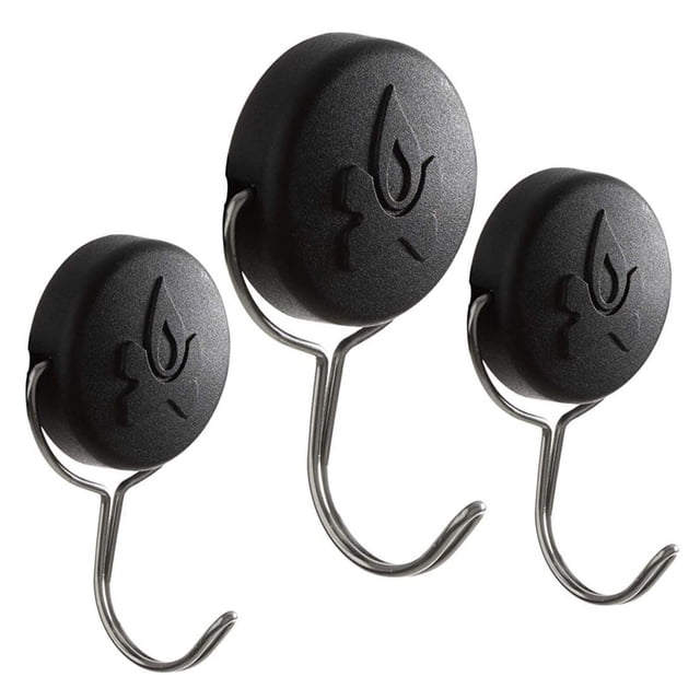 Camp Chef Magnetic BBQ Tool Holders 3-Pack with three black circular magnetic bases embossed with flame logos and attached silver metal swivel hooks, designed for secure attachment to metal grill surfaces and versatile use as hardware hooks for outdoor kitchen organization.