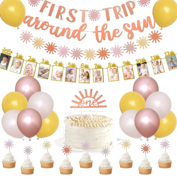 First Trip Around The Sun Birthday Decorations Boho Sun 1st Birthday Banner Baby Photo Banner You Are My Sunshine Party Supplies Muted Sun Dessert Table Backdrop for 1st Birthday Girl Decorations
