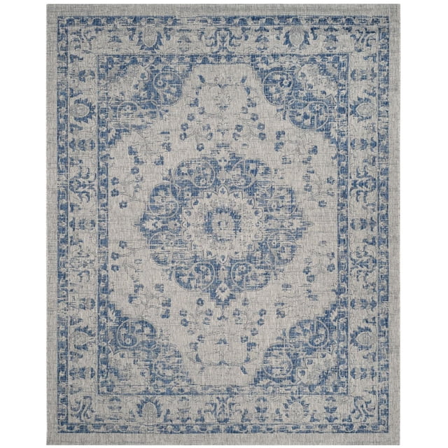 SAFAVIEH Courtyard Alessia Medallion Indoor/Outdoor Area Rug with a blue medallion pattern on a light grey background, made from durable polypropylene in a sisal weave for easy cleaning and suitable for indoor and outdoor use.