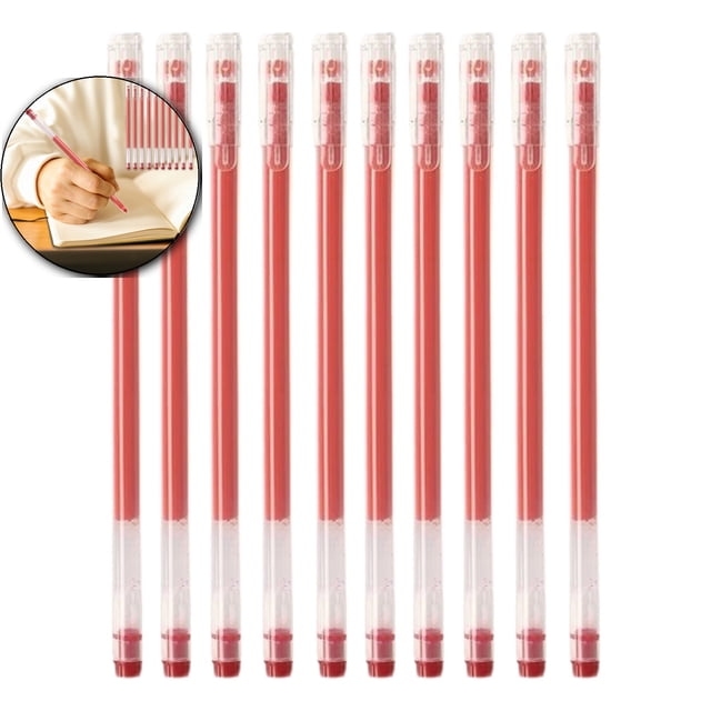 Dvruxg 10-Pack Gel Pens featuring smooth-writing ballpoint pens with a 0.5mm tip and fast-drying red ink. These plastic gel pens are designed for office or school use, offering a comfortable grip for extended writing sessions. Each pen has a 1ml ink capacity and measures 14.8x1x1cm. The pack includes 10 pens, ideal for note-taking, journaling, or professional tasks.