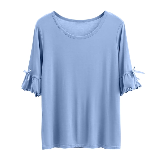 AherBiu Pajamas Tops for Women Oversized Ruffle 1/2 Sleeve Basic Layer Top Tees Shirts Comfy Soft Undershirts