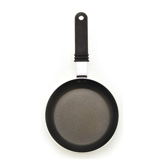 Starbasix 5" (14 cm) fry pan made of pressed aluminum with a black non-stick surface and black handle, shown top-down on white background, oven safe and suitable for everyday cooking.