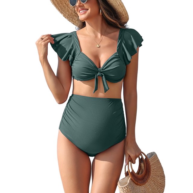 Ruffled V Neck Bikini Sets for Maternity Tie Back Two Piece Bath Suit Pregnancy Swimsuit