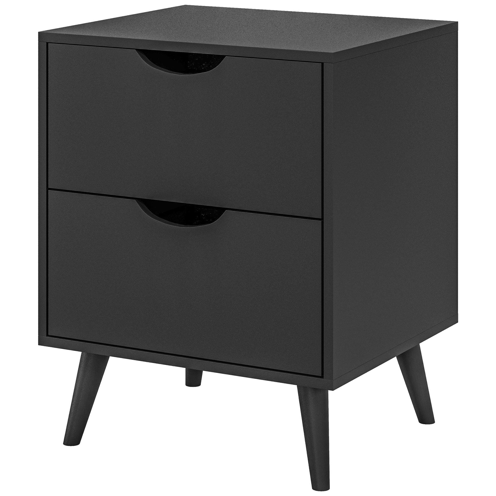 Modern Black Nightstand with 2 Drawers and Pine Wood Legs, 15.7" L x 13.8" W x 19.9" H Bedside Table and End Table for Bedroom, Living Room or Office, Minimalist Storage Organizer