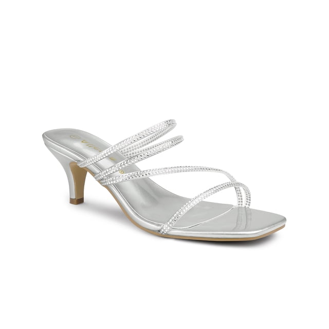 BLISSFUL STEP Women's Slide Sandal Rhinestone Strappy Square Toe Kitten Heel Slide Sandals Silver 9