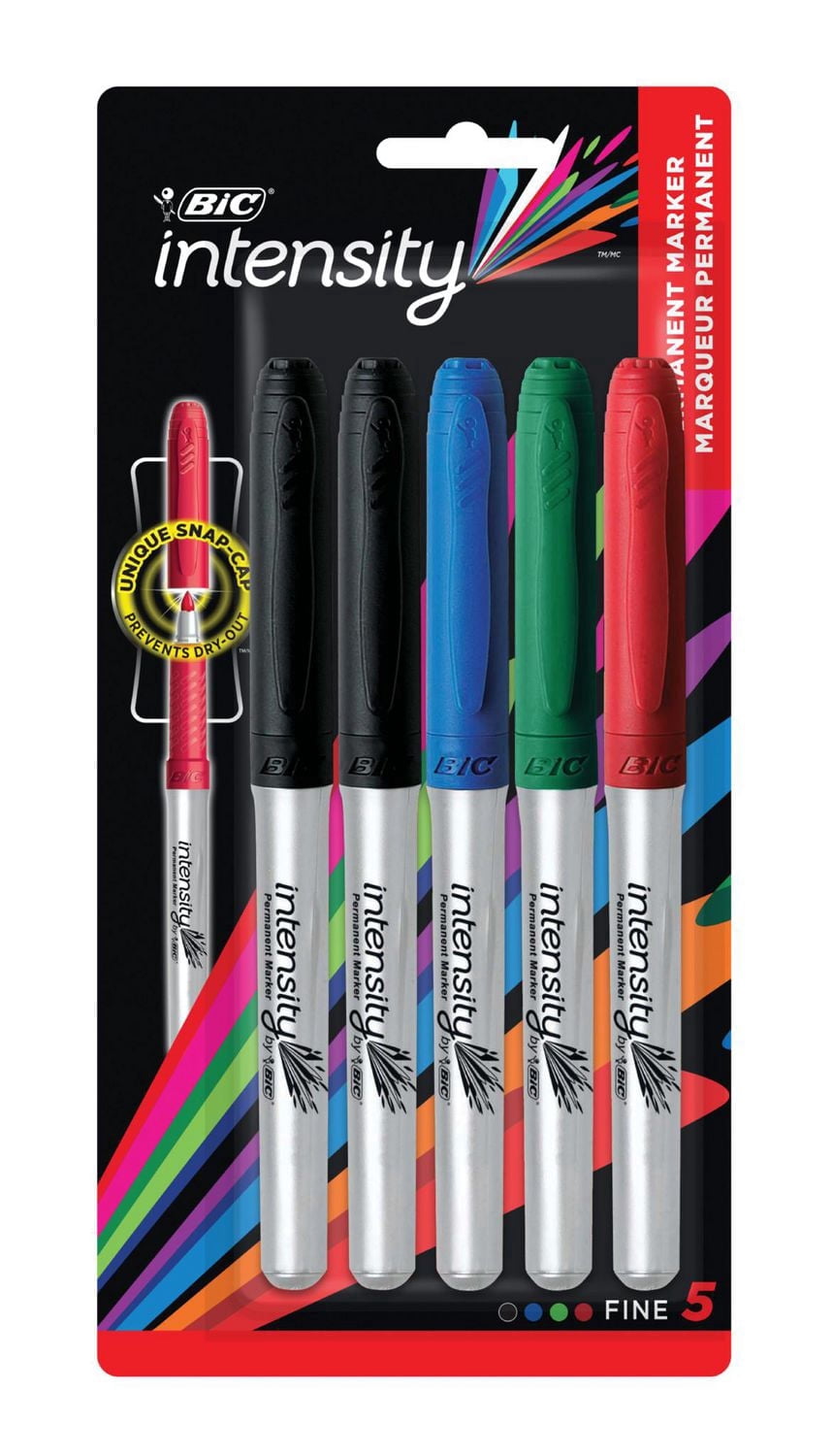 BIC Intensity Assorted colours Permanent Markers, Fine Point, 5-Count Pack of Colour Markers With Non-Slip Grip for Comfort and Control