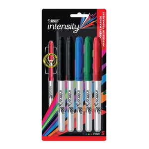 BIC Intensity Couleurs assorties Marqueurs Permanents, Fine Point, 5-Count Pack de marqueurs de couleur avec poignée antidérapante pour le confort et le contrôle