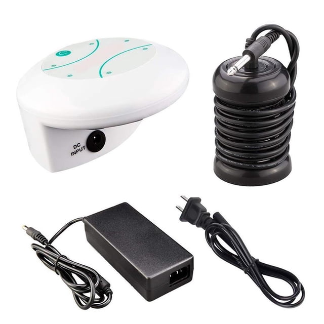 Ionic Foot Bath Detox Machine Foot Spa Ion Detox Foot Bath Cleanse for home use, salon, or beauty spa. The image shows the components including a white control unit with a DC input port, a black coiled ion array, a power adapter, and connecting cables. Designed for a 30-minute preprogrammed session with advanced water electrolysis technology for body detoxification and relaxation.