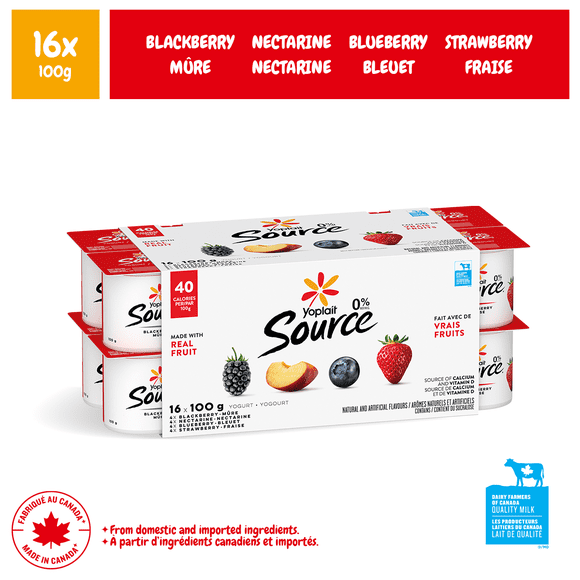 Yoplait Source 0% Smooth Traditional Yogurt Cups Variety, No Added Sugar, 16x100g
