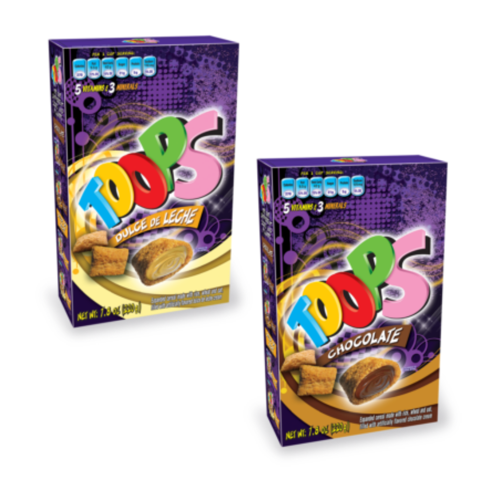 2 Toops Flips, one cereal filled with chocolate cream and one filled with dulce de leche, 2x220gr