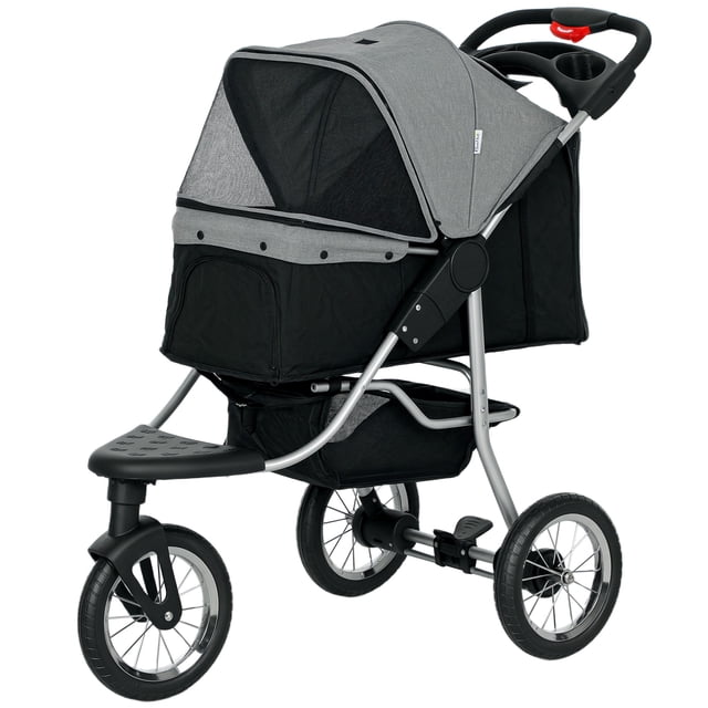 Poussette pour Animaux avec 3 Roues, Conception Pliable à un Clic, Auvent Ajustable, Porte-Fenêtre en Maille Zippée, Gris