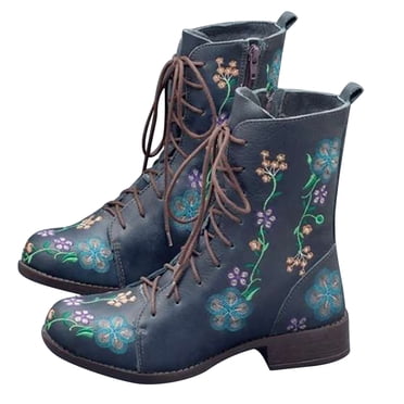 Jsaierl Women's Combat Boots Lace Up Embroidered Boots For Women Western Cowboy Ankle Booties Fashion Low Chunky Block Heel Pointed Toe Fall Heeled Booties Shoes