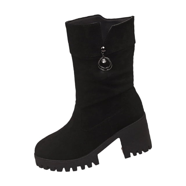 Wensltd Talons Hauts d'Automne pour Femmes Noir Bout Rond Bottes Mi-Mollet Épaisses Confortables Chaussures d'Hiver