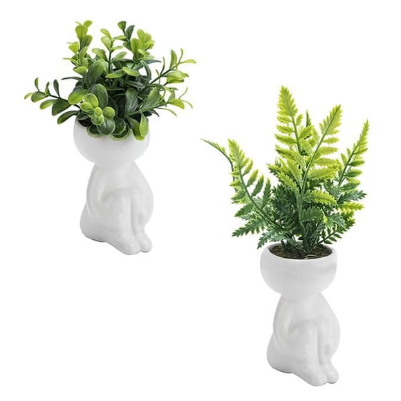 VERDURE EN PLASTIQUE DANS UNE FIGURINE EN CÉRAMIQUE BLANCHE, 2 ASSORTIS, VERT,16CM & 20CM