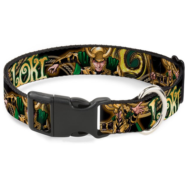 Dog Collar Plastic Clip Loki Poses Black Gold Green 13 to 18 Inches 1.5 Inch Wide