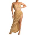 thumbnail image 1 of Bigersell Robes d'Invitée de Mariage pour Femmes Grande Taille Robe Unie en Maille avec Perles à Bretelles Fendue Irrégulière Robe à Bretelles à Col en V Robe Portefeuille Style 21267, Robes Extra Longues pour Femme Beige m, 1 of 4