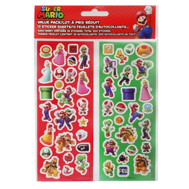 Super Mario Value Pack Stickers containing 12 sheets with 300 stickers total, featuring characters like Mario, Luigi, Princess Peach, Yoshi, Bowser, and various power-ups on red and green backgrounds, ideal for scrapbooking, classroom treats, or party favors.