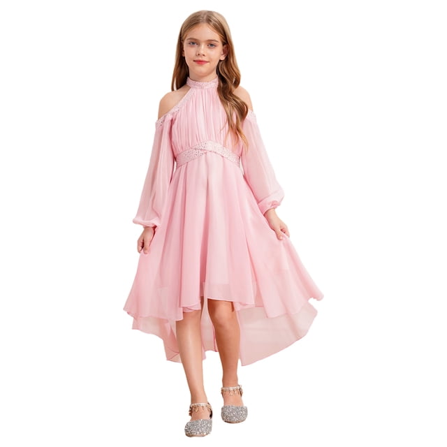 Oyolan Kids Girls Solid Color Halter Off-shoulder Long Sleeve Party Dress with Ruffled Hem Flower Girls Gown Pink 4