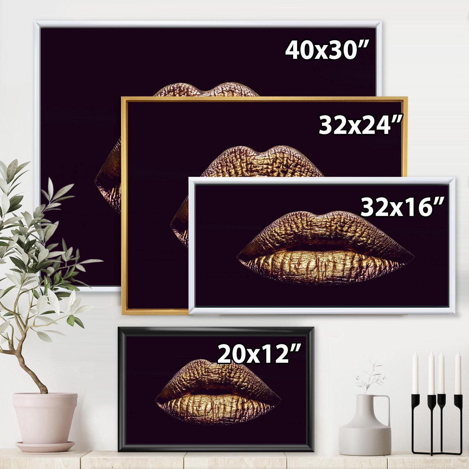 Designart Lèvres féminines métallisées dorées sexy II ART MURAL À CADRE FLOTTÉ