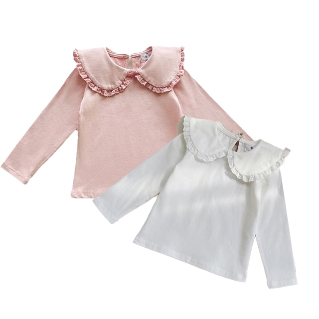 LYMAYTER Kids Girls Ruffle Collar Undershirts Sweet Cute Spring Autumn Undershirts for Baby 2-8Y